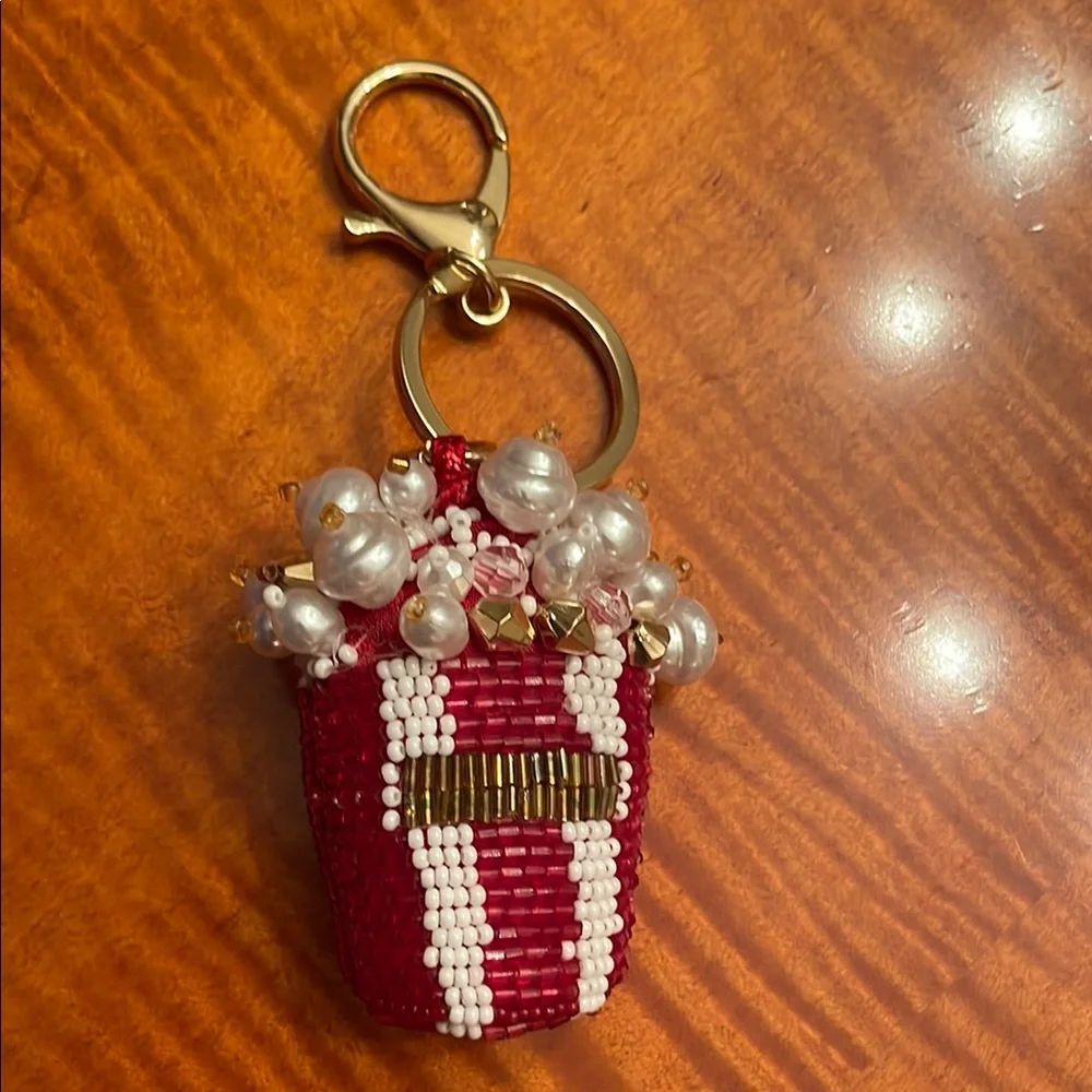 Red and White Beaded Keychain bag charm popcorn design